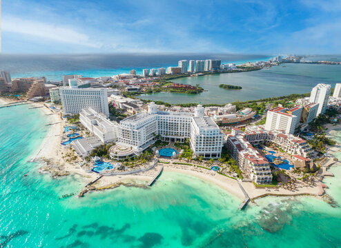 View of beautiful Hotels in the hotel zone of Cancun. Riviera Maya region in Quintana roo on Yucatan Peninsula. Aerial panoramic view of allinclusive resort
