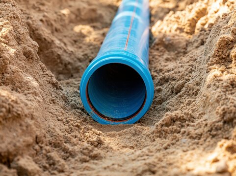 MDPE service pipe in trench with clean sand bed and clear view