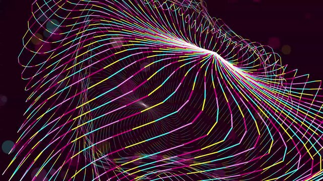 Glowing neon light lines weaving into complex geometric patterns on a dark deep purple field