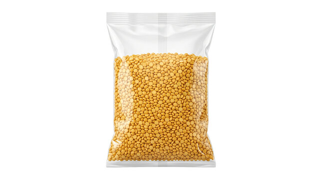 Transparent plastic bag with yellow split peas, clear food packaging mockup for pulses and legumes, dry pea seeds in retail pouch isolated PNG with Transparent Background