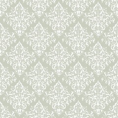 Obraz premium Damask Floral Seamless Pattern Sage Green and White Background