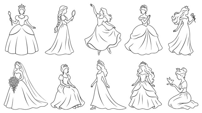 a collection of ten black and white line art illustrations of fairytale princesses in gowns