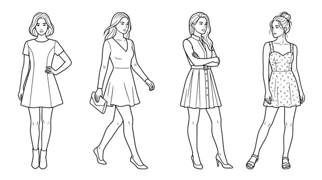 four black and white line art illustrations of women wearing different casual short summer dresses