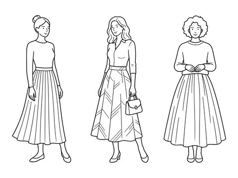 three black and white line art illustrations of women wearing different modest long skirt outfits