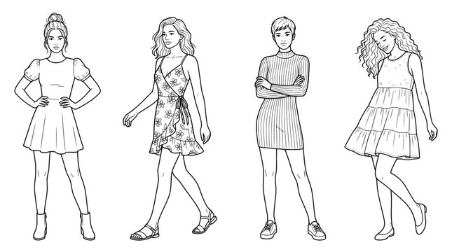 four black and white line art illustrations of young women wearing different casual summer dresses