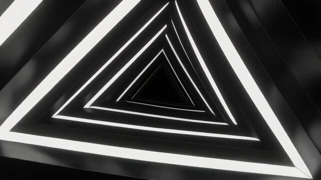 Fly through a futuristic dark tunnel with glowing white triangular neon lights. Perfect abstract motion graphics and sci-fi background video loop.