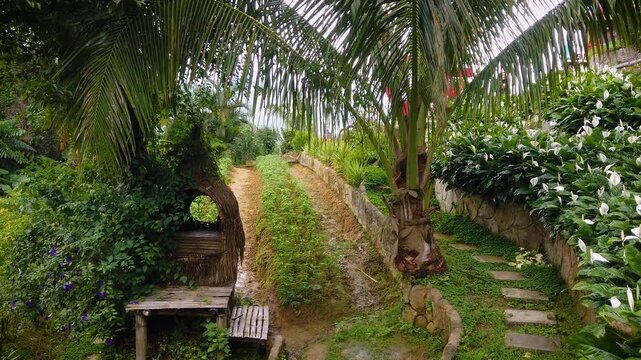 Flowers and Path in Sirao Garden near Cebu town on Philippines on Cloudy Day - LS Pan UHD