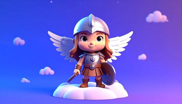 Cartoon angel girl with wings and sword.