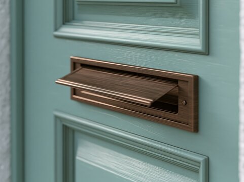 Mail slot in antique bronze on sage green door during bright daylight