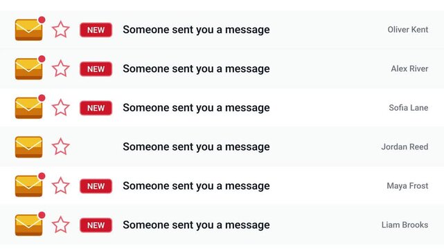 Animated email inbox interface with scrolling new unread messages and yellow envelope icons