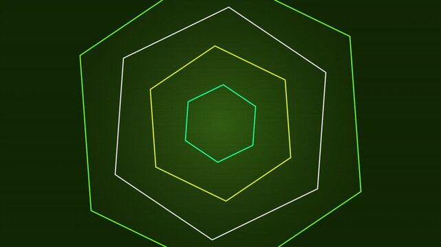 Glowing neon pentagon shapes expanding in rhythmic motion on a dark green gradient surface for animation