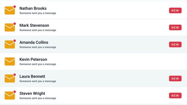 Animated scrolling inbox user interface displaying yellow mail icons and new message notifications