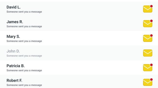 animated scrolling digital inbox displaying sender text and yellow envelope icon with red notification