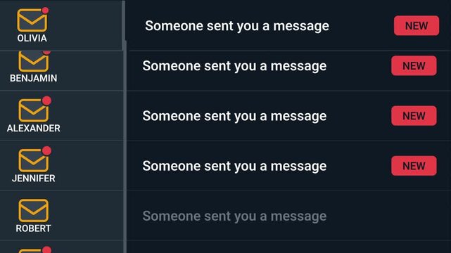 Animated digital messaging interface in dark theme, scrolling unread mail notifications and uppercase sender names
