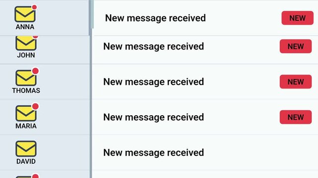 email interface showing scrolling messages with yellow envelope icons and red notification tags