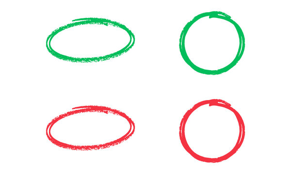 Green and red circles and ovals drawn with a crayon effect, isolated on transparent background