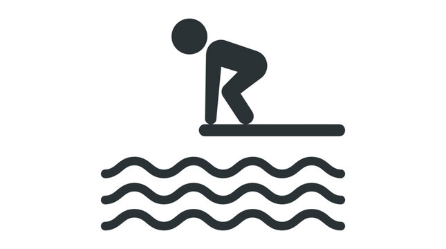 Stylized vector illustration depicting a minimalist person standing on a diving board prepared to jump into deep blue wavy water