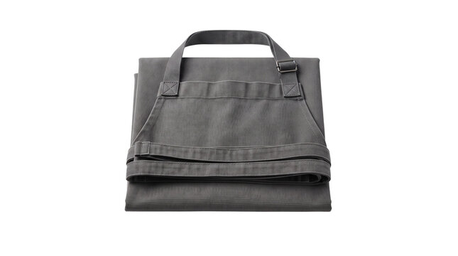 Professional gray cotton apron, folded charcoal chef pinafore with neck strap, durable canvas kitchen workwear for bistro and cafe isolated PNG with Transparent Background