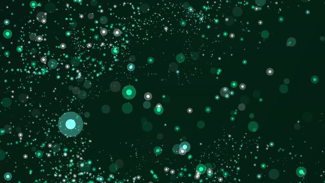 Glowing particles drift through the dark space creating a mysterious atmosphere with emerald light circular elements