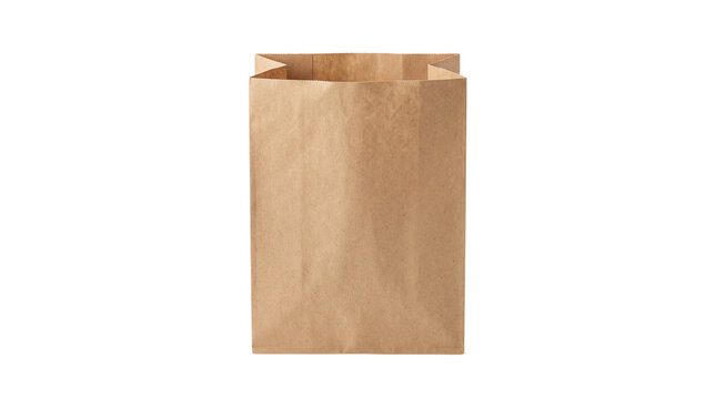 Brown kraft paper bag for grocery shopping. Recycled paper lunch bag mockup. Eco-friendly disposable packaging for retail and food takeout. isolated PNG with Transparent Background