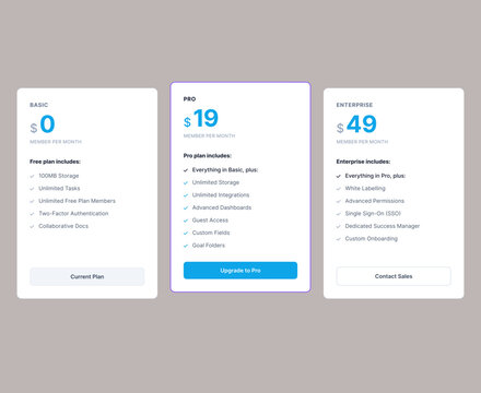 Modern Pricing Table UI
SaaS Pricing Plan Cards
Subscription Pricing UI Design
Basic, Pro & Enterprise Pricing Cards
Modern SaaS Pricing Section