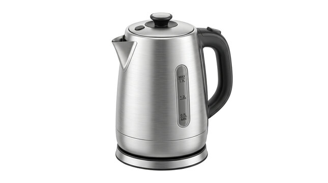 Modern stainless steel electric kettle, brushed metal water boiler with black handle, sleek kitchen appliance for tea and coffee preparation isolated PNG with Transparent Background