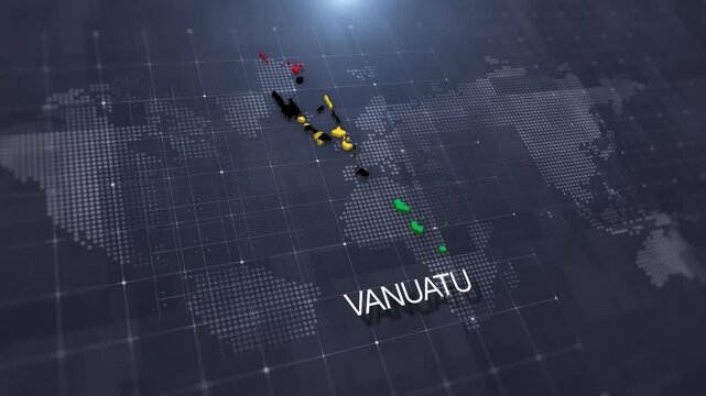 Vanuatu map with national flag on digital world map background, geographic border, global political and international news concept