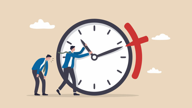 Businessman struggling to turn back the hands of a large clock while another man watches, time management and deadline business strategy concept