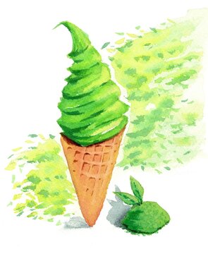 Matcha Soft Serve Ice Cream Watercolor Illustration / 抹茶ソフトクリームの手描き水彩イラスト