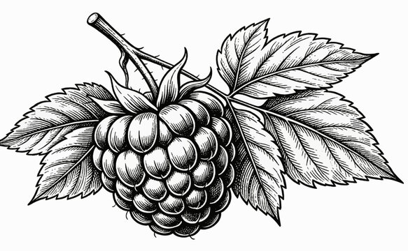 Raspberry vector black white botanical engraving with leaves