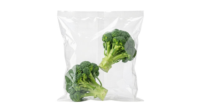 Fresh green broccoli florets in transparent plastic bag, organic vegetable packaging for grocery retail, raw healthy food storage isolated PNG with Transparent Background