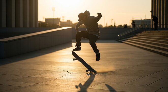 Urban skateboarder performing trick at golden hour with city backdrop