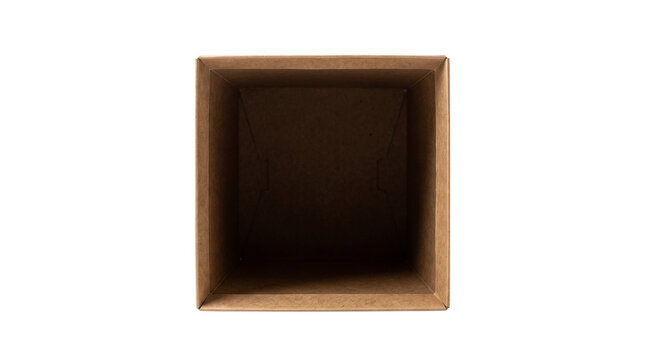 Brown cardboard box top view, open empty paper carton, square shipping container for delivery and packaging isolated PNG with Transparent Background