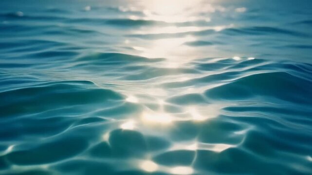 Crystal clear blue ocean water surface with gentle waves and sparkling sun glares. Perfect for tropical summer, travel, and relaxing nature video backgrounds.