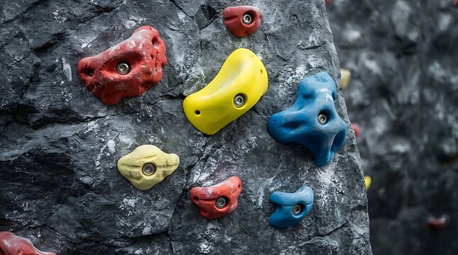 Colorful climbing holds on an indoor rock wall
