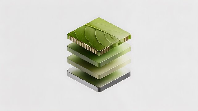 Stacked green electronic chip layers with leaf texture representing sustainable hardware development and eco friendly technology innovation