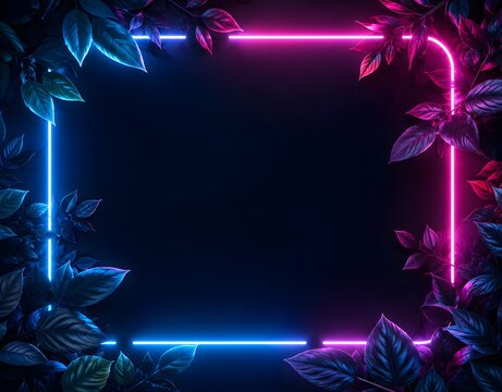 A glowing neon rectangular frame decorated with tropical jungle leaves in vibrant blue and pink colors set against a deep dark background for modern creative graphic design projects