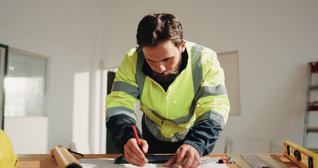 Obraz na płótnie Canvas Engineer, drawing and project with man and blueprint for property surveyor, architect or renovation. Drafting, floor plan or building contractor with person on construction site for remodeling
