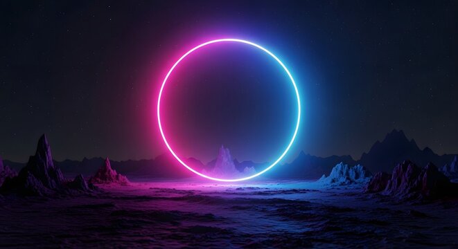 Glowing neon circle light ring floating over a dark rocky alien planet landscape with purple and blue colors in a futuristic sci-fi space environment at night time for modern design
