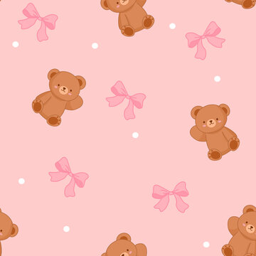 Cute Teddy Bear and Pink Bow Seamless Pattern on Pastel Pink Background