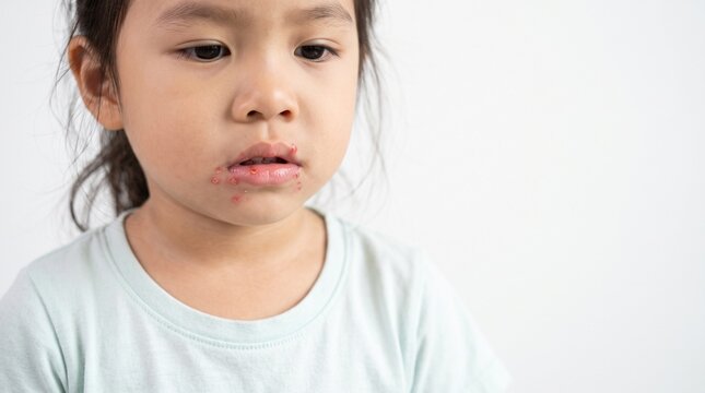 Pediatric Patient Showing Enteroviral Exanthem Lesions Around Mouth Isolated on White Background