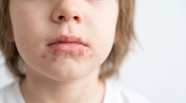 Close Up of Child face with Hand Foot and Mouth Disease HFMD Blisters Around Lips