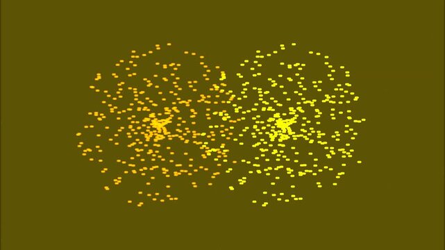 Golden particles form glowing circular structures orbiting a central point on a deep olive green surface