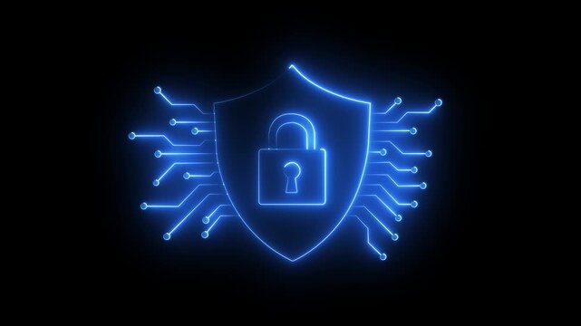 Neon cyber security shield with digital circuitry lock animation