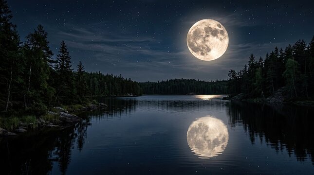 Full moon reflection on calm lake at night.