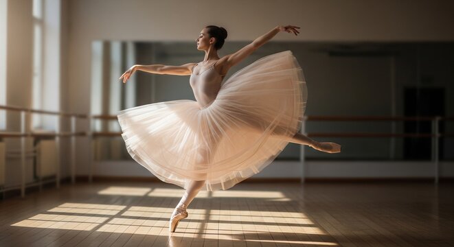 Graceful ballet dancer performing elegant leap in sunlit studio with soft lighting