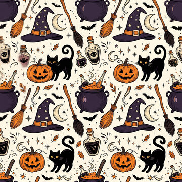 Seamless pattern with Halloween witchcraft elements: witch hat, black cat, pumpkin, cauldron, and potion.