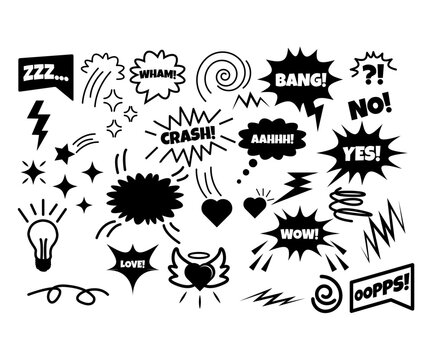 Comic expression black vector elements of speech bubbles, pop art sound effects, explosive lines, arrows, stars, anime emotion symbols. Cool hand drawn doodles, angry emotion for comics book, stickers