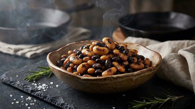 A ceramic bowl filled with a mix of black and pinto beans on a dark stone table. flame-grilled beans