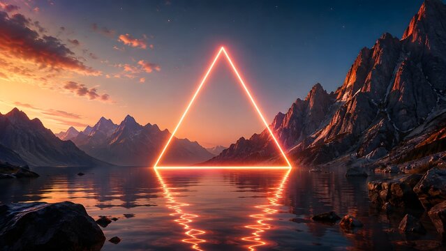 Glowing neon triangle shape floating over a calm mountain lake during a beautiful sunset with orange and purple colors in the sky creating a dreamy and futuristic mystical landscape